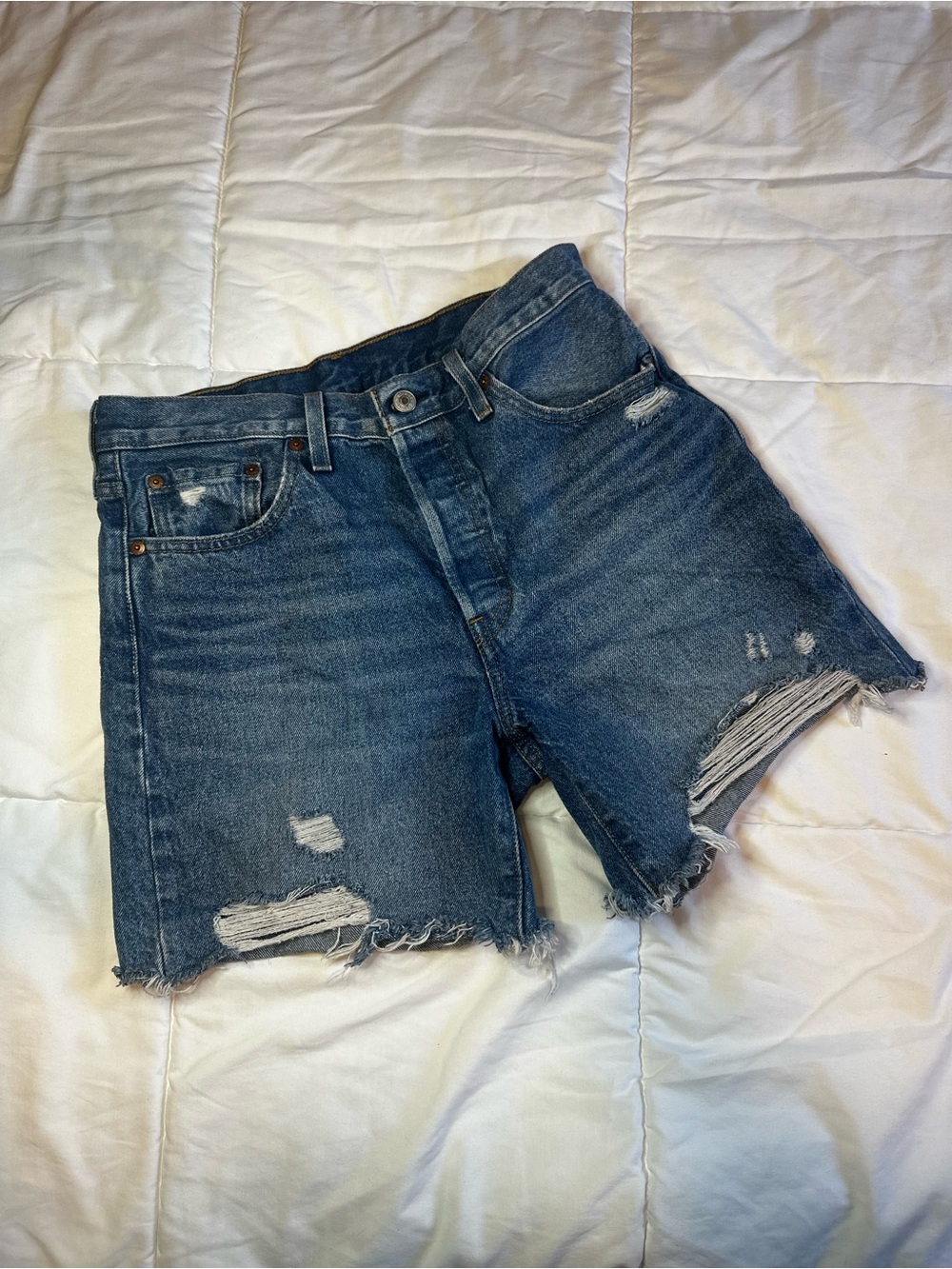 Levi’s Distressed High-Rise Blue Denim Shorts